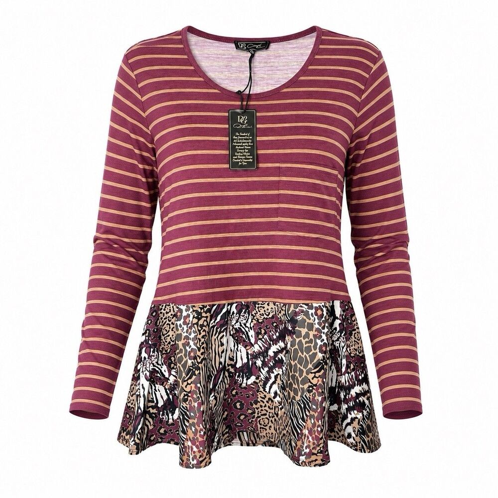 DG2 Diane Gilman XL Mixed Media Tunic Animal Print Striped‎ Peplum NWT